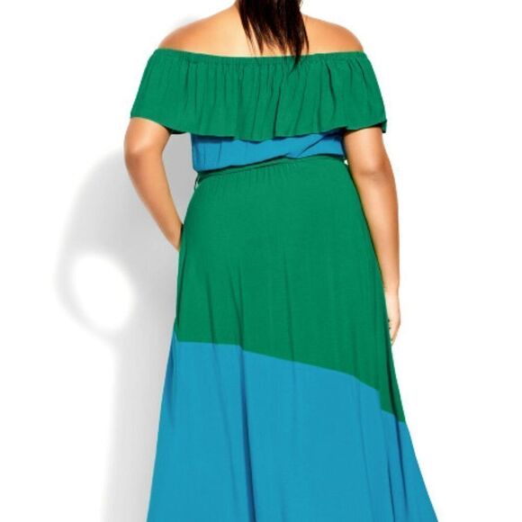 City Chic Women's Colorburst Maxi Dress Side Pockets Blue Green Size16 - Picture 3 of 7